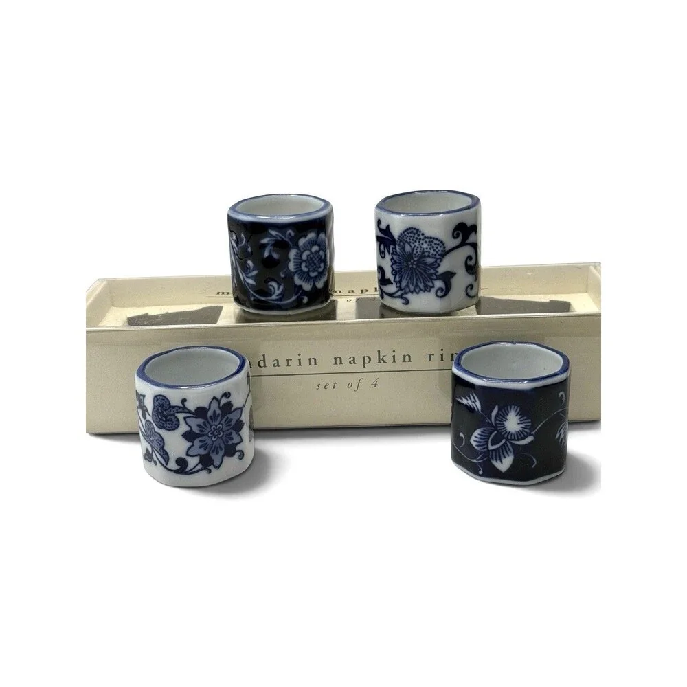 Pier 1 Imports Set of 4 Porcelain Napkin Holders Blue & White Chinoiserie NOS